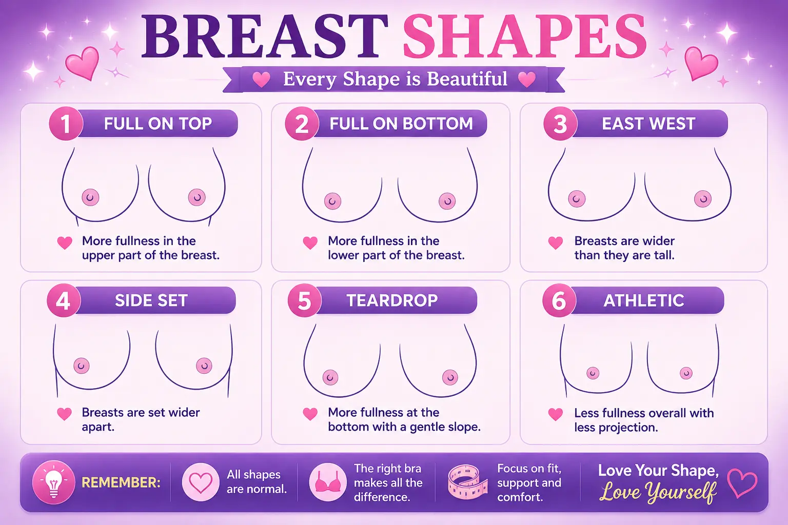 Six breast shapes illustrated, full on top, full on bottom, east-west, side set, teardrop, and athletic breast shape guide